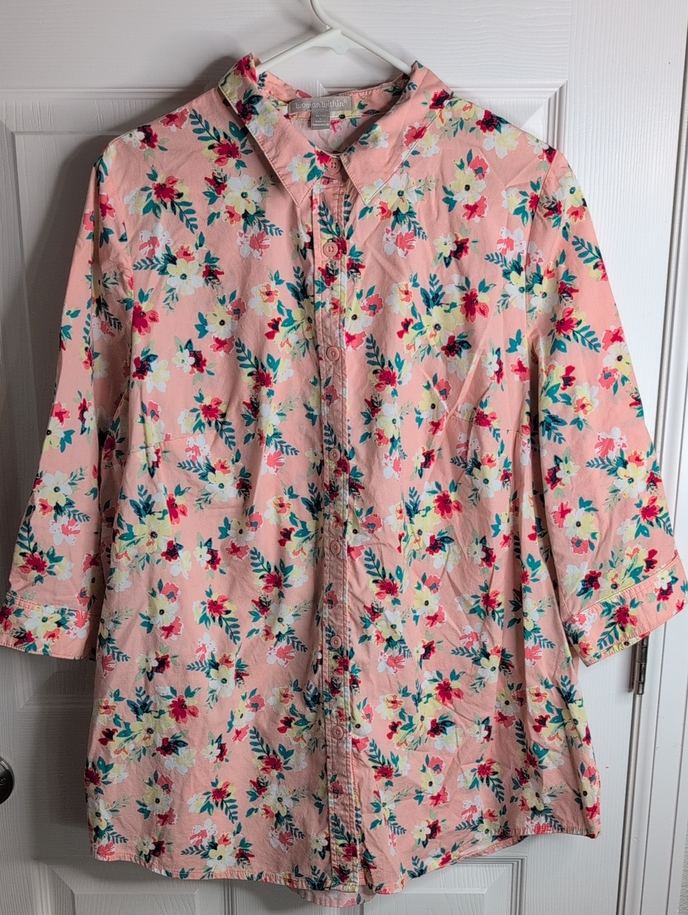 Woman Within 100% Cotton Pink Floral Button-Up Tunic Size 18/20